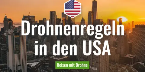 Drohnenregeln in den USA: Ein Hexagon mit US-Flagge über einer Skyline bei Sonnenuntergang. Reisen mit Drohne.