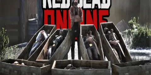 Mroczny mężczyzna stoi nad kilkoma trumnami. To scena z gry Red Dead Redemption 2, która może być częścią poradnika.