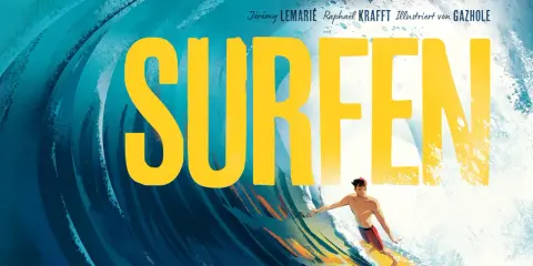 Ein junger Mann surft auf einer riesigen Welle, er ist der beste Surfer der Welt. Gelbe Schrift "SURFEN" dominiert das Bild.