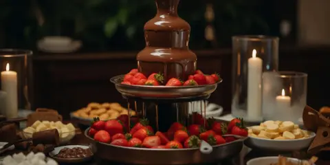 Fontaine à chocolat en action, entourée de fraises fraîches et de guimauves. Une recette gourmande pour un dessert inoubliable.