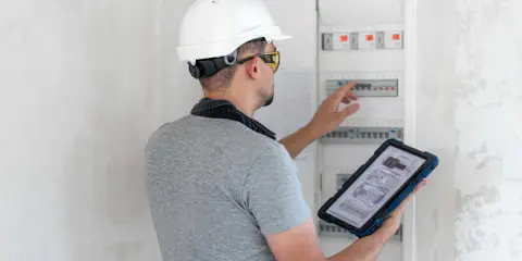 Un technicien en casque blanc consulte un schéma électrique sur sa tablette, devant un tableau de disjoncteurs. Il supervise l'installation électrique d'un nouveau gtl logement.