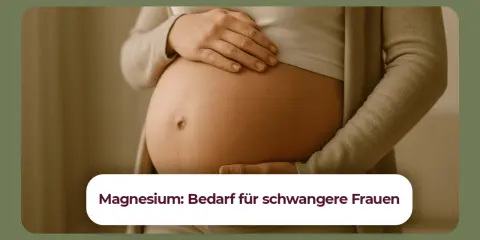 Schwangerenbauch mit Händen. Text: "Magnesium: Bedarf für schwangere Frauen". Wieviel Magnesium in der Schwangerschaft ist wichtig.