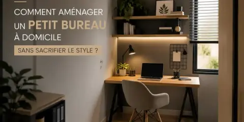 Aménagement d'un petit bureau à domicile stylé : bureau en bois, chaise confortable, étagères et lampe.