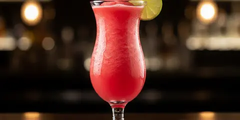En frostig watermelon daiquiri med en limeklyfta, perfekt för en varm sommardag.