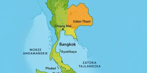 Mapa pokazuje, gdzie leży Tajlandia, z zaznaczonymi miastami jak Bangkok, Chiang Mai, Udon Thani, Phuket i wyspami Koh Samui.