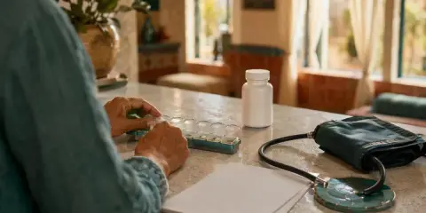 Äldre person sorterar mediciner vid ett bord. Blodtrycksmätare och en burk med kanel, som kan påverka blodtryck, ligger bredvid.