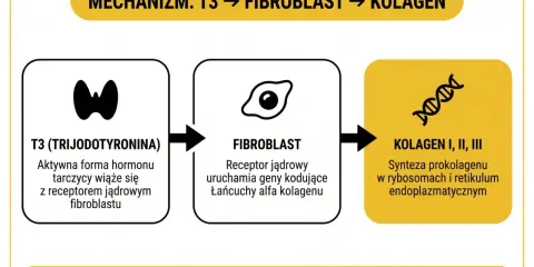 Schemat pokazuje, jak T3 wpływa na fibroblasty, co prowadzi do syntezy kolagenu. Niedoczynność tarczycy spowalnia ten szlak, zmniejszając ilość kolagenu.