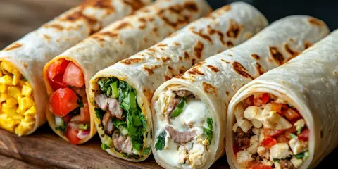 Fünf bunte Wraps, die Lust aufs Wraps selber machen machen: gefüllt mit Hähnchen, Gemüse und Käse.