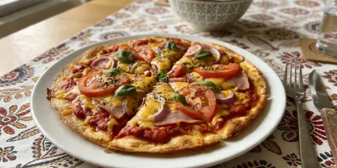 Pyszna pizza z tortilli z pomidorami, cebulą, szynką i serem, udekorowana bazylią. Idealna na szybki obiad.