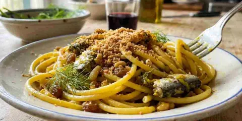 Un piatto di pasta con le sarde, condita con finocchietto selvatico, pinoli, uvetta e pangrattato croccante.
