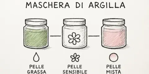 Maschera di argilla bianca: verde per pelle grassa, con fiore per pelle sensibile, rosa per pelle mista.