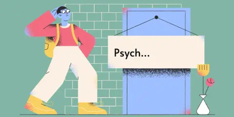 Zastanawiasz się, czy wybrać psychologa, czy psychiatrę? Postać z plecakiem waha się przed drzwiami z napisem "Psych...".