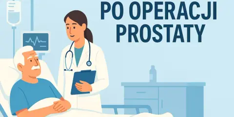 Lekarka rozmawia z pacjentem po laparoskopowym usunięciu prostaty. W tle kroplówka i monitor.