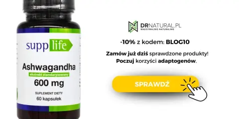 Butelka suplementu diety Supp Life Ashwagandha 600 mg z napisem "Sprawdź".