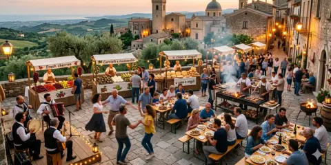 Festa in borgo medievale con musica, balli e bancarelle di prodotti tipici. Un'atmosfera che fa pensare a che feste ci sono a maggio.