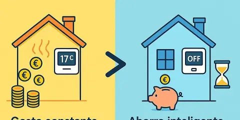 La calefacción domótica apagada ahorra energía. Una casa con termostato a 17°C y monedas frente a una casa con termostato OFF, hucha y reloj de arena.