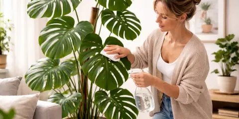 Kvinna putsar blad på en stor monstera. Även om monstera är vacker, tänk på att den är giftig om den äts.