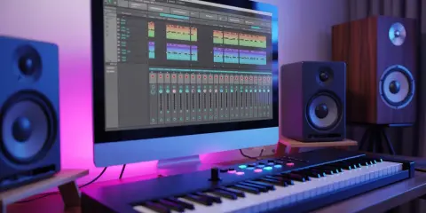 Studio d'enregistrement avec écran affichant un DAW, clavier MIDI et enceintes. Le meilleur DAW pour créer de la musique.