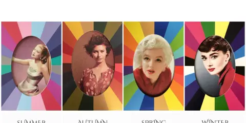 Quattro icone di stile: Grace Kelly (Summer), Sophia Loren (Autumn), Marilyn Monroe (Spring), Audrey Hepburn (Winter), illustrate secondo la stagione armocromia.