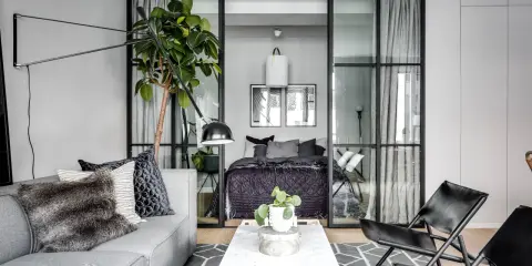 Ett modernt vardagsrum med en grå soffa, marmorbord och en säng bakom glasväggar. En stor grön växt skapar en känsla av rum i rummet.