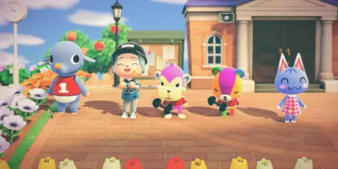 Personaje de Animal Crossing con sus mejores vecinos: un cordero, dos monos y un oso, todos listos para entrenar.