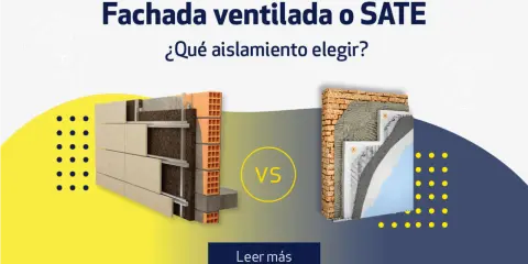 Comparativa de fachadas ventiladas y SATE, mostrando el aislante térmico exterior y sus capas.