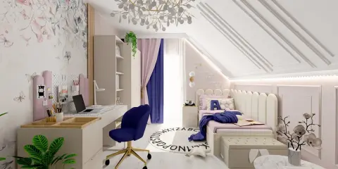 Uroczy pokój boho dla dziewczynki z motywem kwiatów i motyli na tapecie, biurkiem, łóżkiem i okrągłym dywanem z literami.
