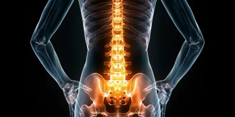 Anatomia kręgosłupa z podświetlonym odcinkiem lędźwiowym, sugerującym wzmocnienie mięśni kręgosłupa lędźwiowego.