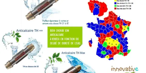 Carte de la dureté de l'eau en France, montrant les zones d'eau calcaire. Des dispositifs anticalcaires Acquavitaée sont présentés.