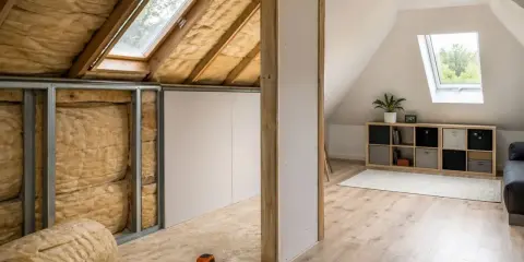 Aménagement de combles : isolation en laine de verre, murs en plaques de plâtre et sol en OSB. Fenêtres de toit et étagères.