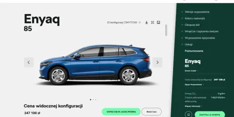 Niebieski Skoda Enyaq 85 na stronie konfiguratora. Cena widocznej konfiguracji to 247 100 zł.