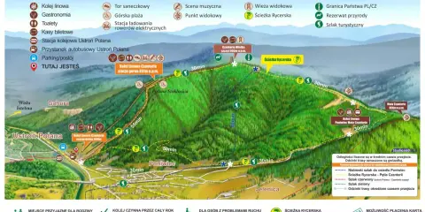 Mapa turystyczna Wielkiej Czantorii z zaznaczonymi szlakami, kolejką linową i atrakcjami.