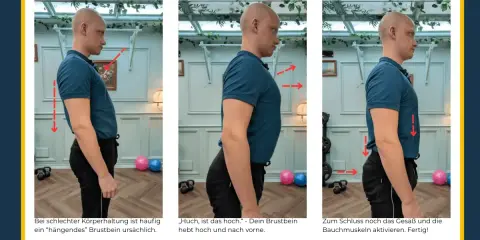 Mann korrigiert Haltung: Brustbein hoch, Bauch anspannen. Ein **growth mindset** hilft, schlechte Gewohnheiten zu überwinden und sich zu verbessern.
