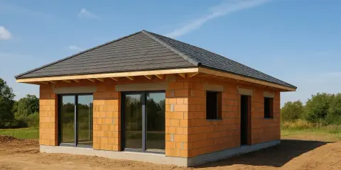 Une petite maison à construire en briques orange, avec un toit sombre et de grandes fenêtres, sur un terrain sablonneux sous un ciel bleu.