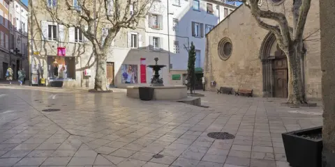Place de l'église Saint-Sauveur à Manosque, avec sa fontaine et ses platanes dénudés.
