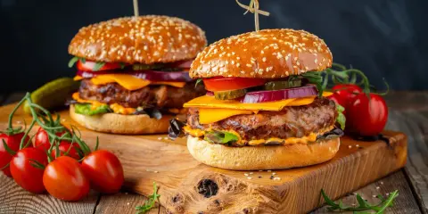 Dwa soczyste burgery z serem, warzywami i piklami na drewnianej desce, obok pomidorków koktajlowych.