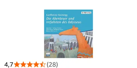 Hörbuchcover: Karlheinz Koineggs "Die Abenteuer und Irrfahrten des Odysseus" mit einem stilisierten Trojanischen Pferd vor antiken Gebäuden.