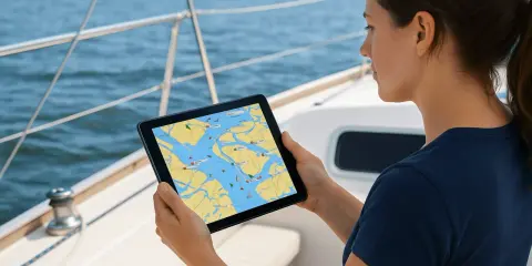 Une femme sur un voilier consulte une tablette affichant une carte marine avec des informations de trafic AIS français.