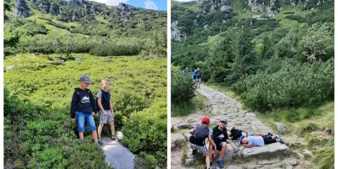Dzieci w górach, na szlaku kamienistym, wśród kosodrzewin. Odległość do samotni wydaje się niewielka, ale wędrówka trwa.