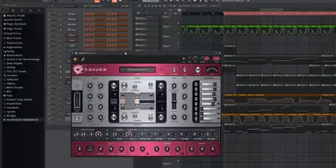 Interface de FL Studio avec le plugin Sakura ouvert, montrant les réglages du piano et les pistes audio.