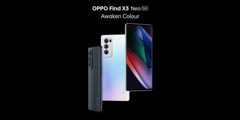 Dwa telefony OPPO Find X3 Neo w kolorach czarnym i perłowym, jeden z nich wyświetla abstrakcyjny wzór.