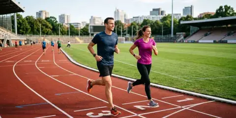 Ein Mann und eine Frau absolvieren ein intensives Schwellentraining Laufen auf einer Leichtathletikbahn. Sie lächeln, während sie nebeneinander rennen.