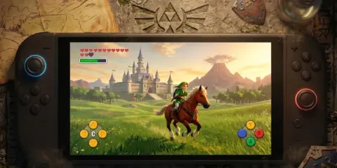 Link na koniu pędzi przez łąki w stronę zamku w grze Ocarina of Time na Switch.