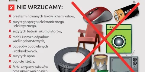 Czarny pojemnik na odpady zmieszane nie przyjmuje leków, elektroniki, baterii, mebli, opon, farb.