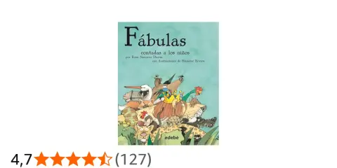 Ilustración de animales diversos, como un león coronado, un zorro y un pelícano, en la portada de "Fábulas contadas a los niños".