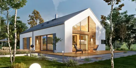 Nowoczesny stodoła domek z drewnianymi elementami i dużymi oknami, otoczony zielonym ogrodem z kulistymi lampami.