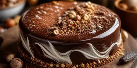 Un magnifique entremet chocolat noisette, glacé et décoré de noisettes croquantes et de cacao. Un délice visuel et gustatif.