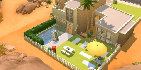 Nowoczesny domek The Sims 4 z basenem, grillem i żółtym parasolem. Idealne miejsce na letnie przyjęcie w pustynnym klimacie.