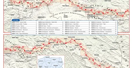 Mapa Głównego Szlaku Beskidzkiego, który ma 500 km, z zaznaczonymi odcinkami i miejscowościami.