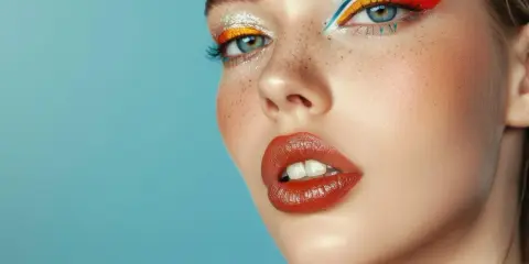 Ojo con delineado gráfico vibrante en tonos naranja, amarillo y azul. Labios rojos brillantes y pecas sutiles.
